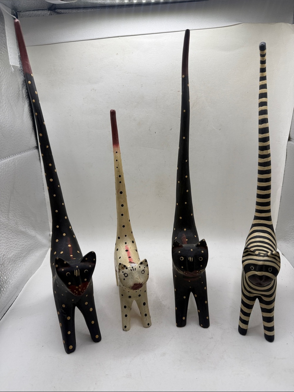 Vtg Hand Carve Bali Wood Long Tail Cat Figurine Set 4 Folk Art Decor Collectible - Picture 2 of 16